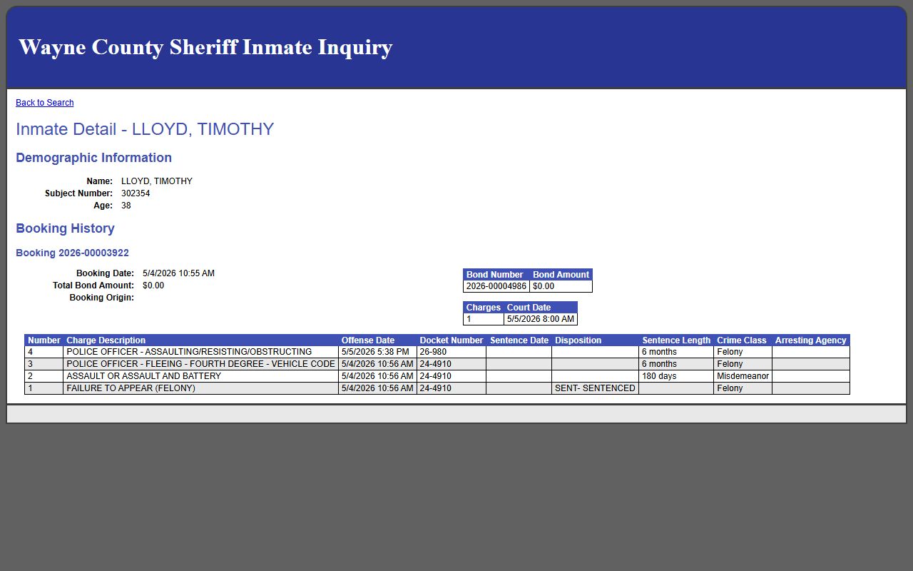 Wayne County inmate records sample booking profile fields