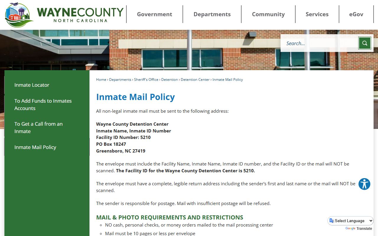 Wayne County Detention Center inmate mail policy and jail communications